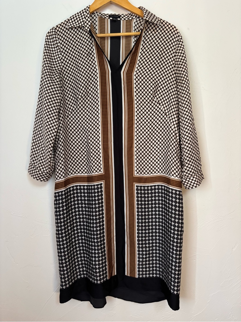 Ann Taylor Scarf Print Collared Dress Size L Brown Black Ivory Button Cuff